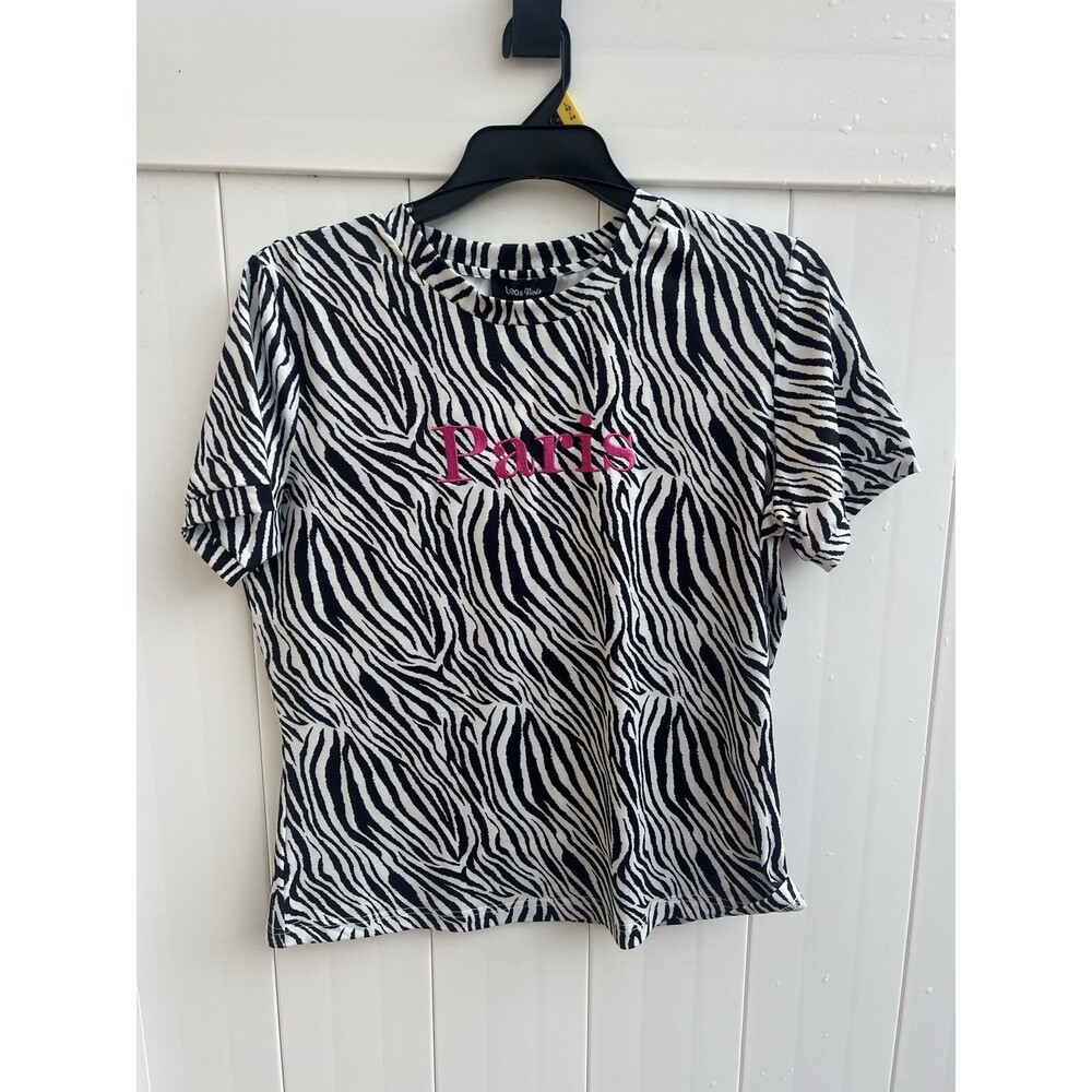 Lea & Viola Womens Top Zebra Print Paris Short Sleeve Sz Medium NWT
